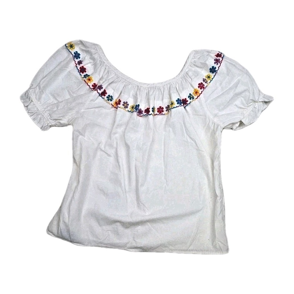 Vtg 70s Rockmount Ranch Wear White Embroidered Ruffle Prairie Peasant Blouse M/L